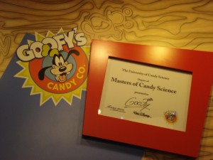 Goofy's Candy Expert Credentials (Note the cool hidden Mickey in the woodgrain above!)