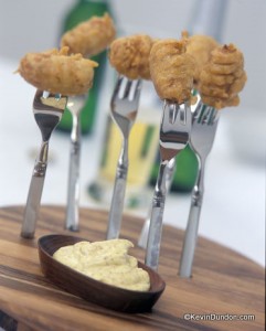 Battered Sausages with Mustard Mayonnaise