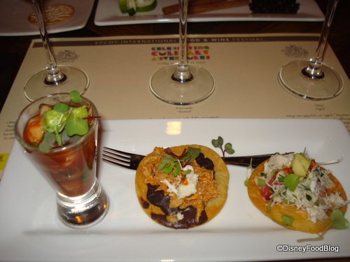 Shrimp Cocktail, Chicken Tostada, and Crab Tostada with corresponding Tequilas