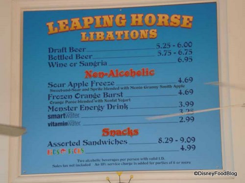 Non-Alcoholic Drink and Snack menu