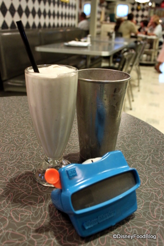 Peanut Butter and Jelly Milkshake with Viewfinder Dessert Menu at 50s Prime Time Cafe