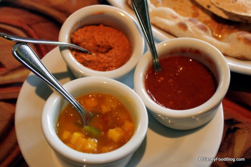 Bread Service Accompaniments -- Red Chile Sambal - Mango Chutney - Roasted Red Bell Pepper Hummus