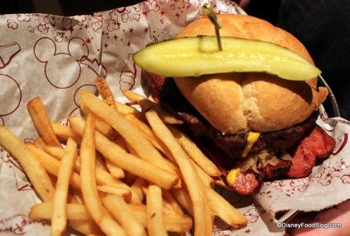 A hamburger + a hot dog! The Picnic Burger at Sci-Fi Dine-In!