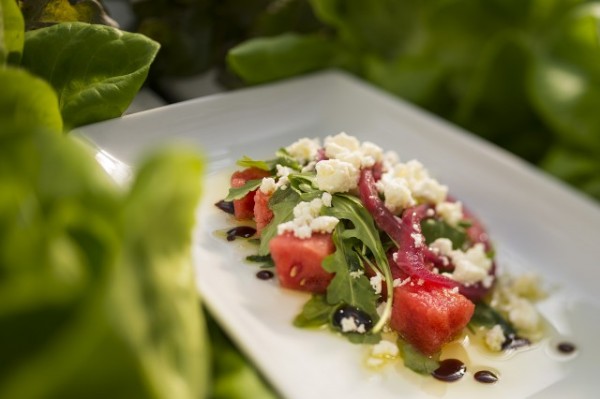 Watermelon Salad with pickled Red Onions, Baby Arugula, Feta Cheese and Balsamic Reduction
