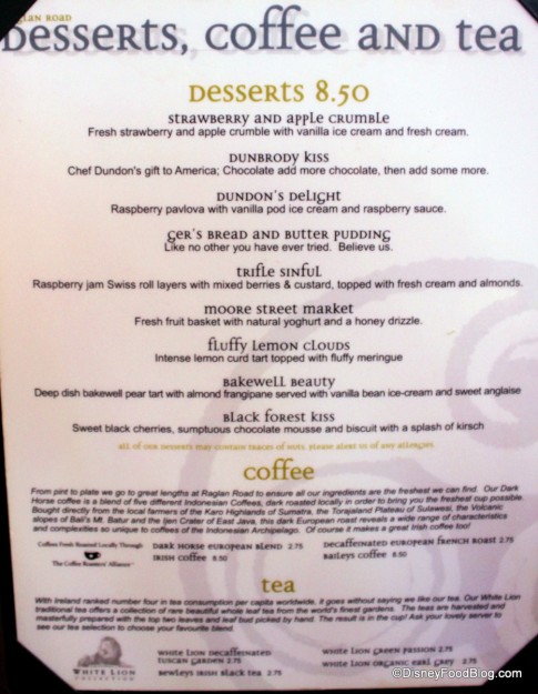 Desserts, Coffee, and Tea Menu -- Click to Enlarge