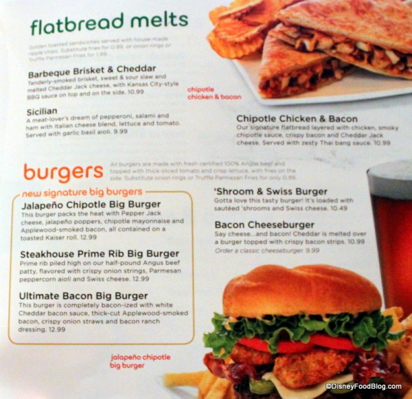 Menu -- Flatbread Melts and Burgers -- Click to Enlarge