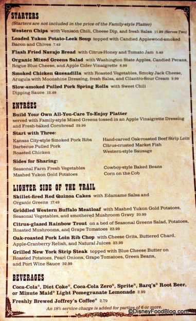 Starters, Platter, and Entrees Menu -- Click to Enlarge