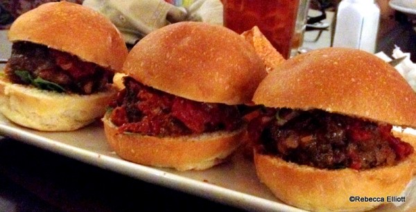 Meatball Sliders Topped with Provolone & Arugula
