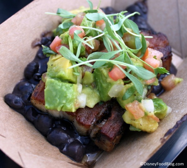 Crispy Pork Belly with Black Beans, Onions, Avocado and Cilantro from 2014 -- 2015 version may not include Avocado