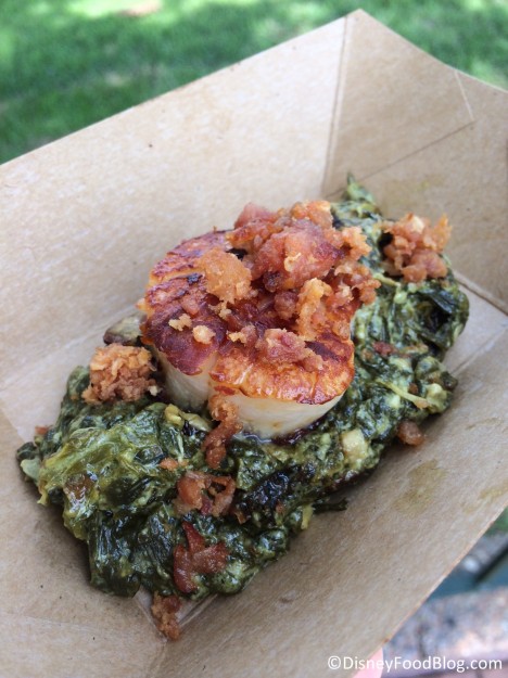 Sea Scallop with Spinach Cheddar Gratin and Crispy Bacon at the 2014 Scotland Food and Wine Festival Booth