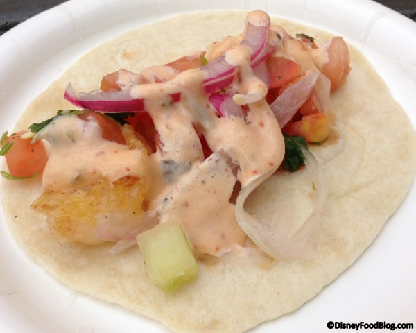 Shrimp taco: Fried shrimp, pickled habanero pepper and onions on a flour tortilla