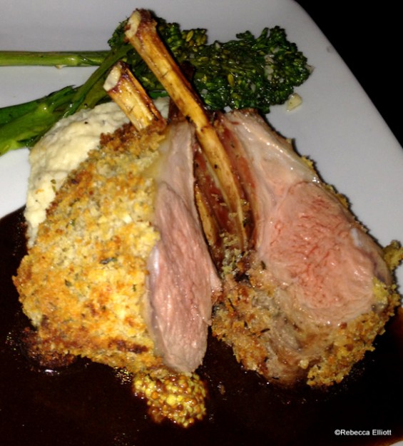 Herb Crusted Lamb Rack with a Stone-Ground Mustard Demi-glace with Buttered Celery Root and Seasonal Vegetables
