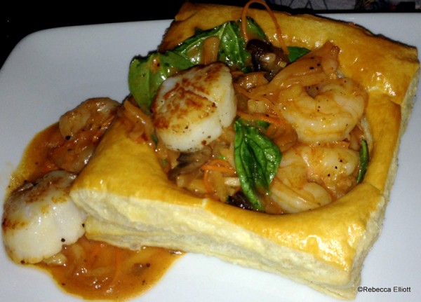 Sautéed Shrimp and Scallops with Seasonal Vegetables Served in Puff Pastry