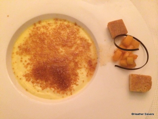 Vanilla Creme Brulee with Apricot Conserve and Cognac Flambe