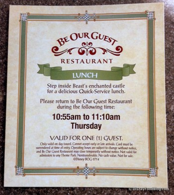 Return Card for Be Our Guest Restaurant Lunch Dining