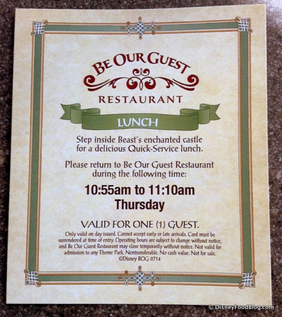 Return Card for Be Our Guest Restaurant Lunch Dining