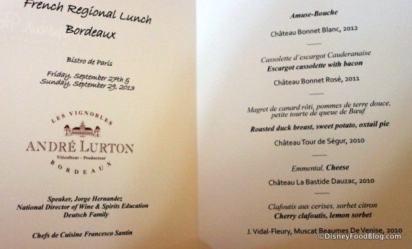 Menu for the French Regional Lunch -- Click to Enlarge