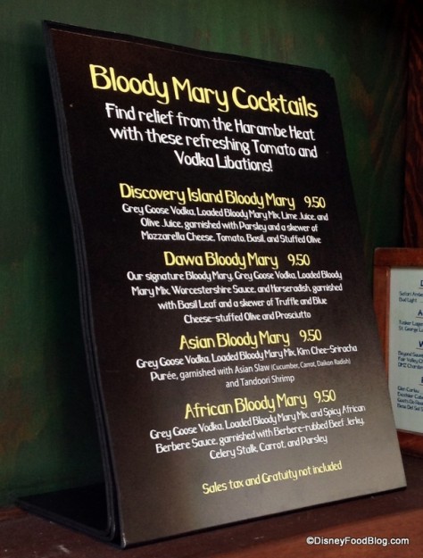 Bloody Mary menu at Dawa Bar