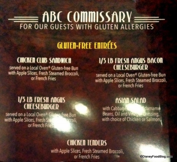 Gluten Free Menu currently at ABC Commissary