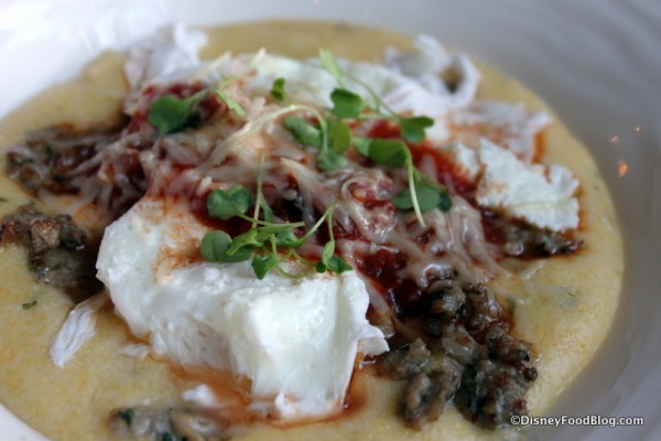 Poached Eggs, Fennel Sausage, and Tomato Gravy with Soft Polenta -- Up Close
