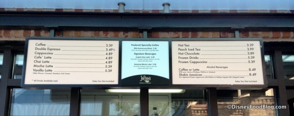 Joffrey's Coffee Kiosk menu