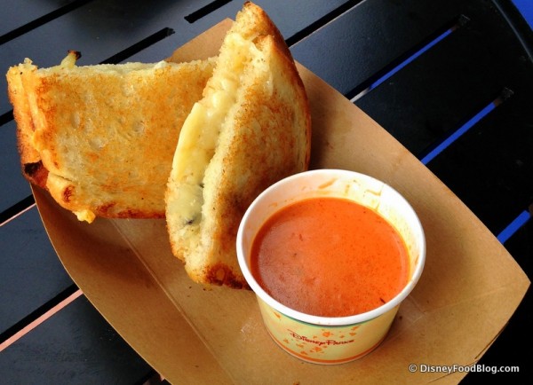 Gruyere and Applewood Smoked Bacon Grilled Cheese Sandwich with Side of Tomato Basil Soup