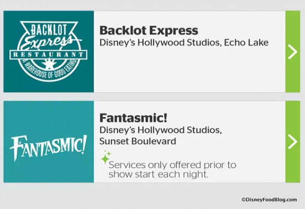 Backlot Express and Fantasmic! options