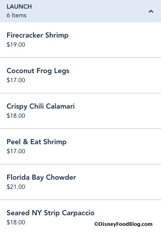 "Launch" seafood appetizer menu