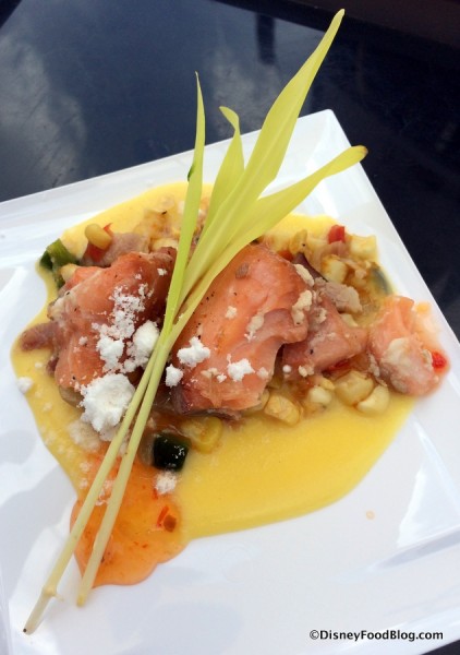 Olive Oil Poached Salmon with Fresh Corn Bacon and Pepper Jam