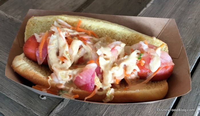 Spicy Hot Dog with Kimchi Slaw and Korean Mustard