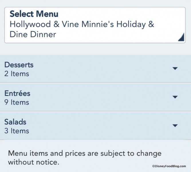 Minnie's Holiday & Dine menu screenshot