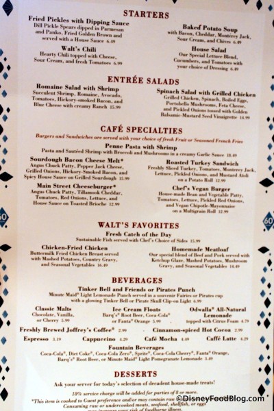 Carnation Cafe Lunch and Dinner Menu -- Click to Enlarge