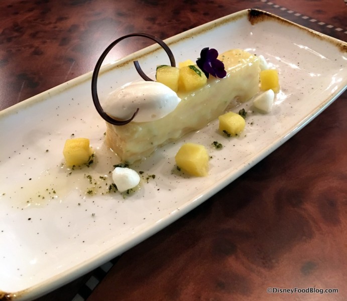 Coconut Bar with Pineapple-Basil Compote and Vanilla Cream