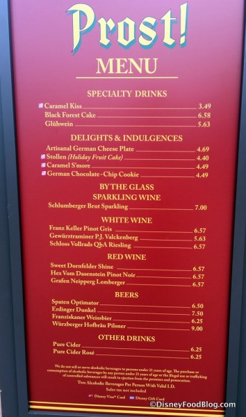 Prost Menu in Epcot's Germany