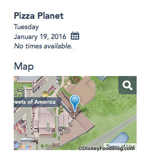 Screenshot of Pizza Planet Calendar on the Disney World website