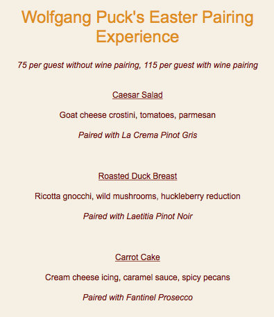 Screenshot of Wolfgang Puck's Easter Pairing Experience menu