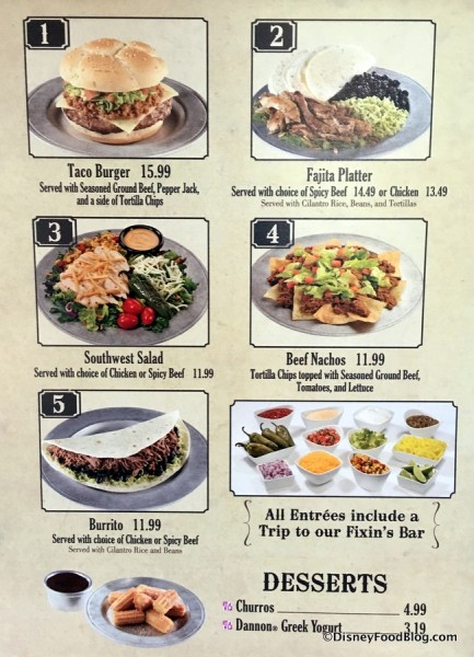 Pecos Bill's menu