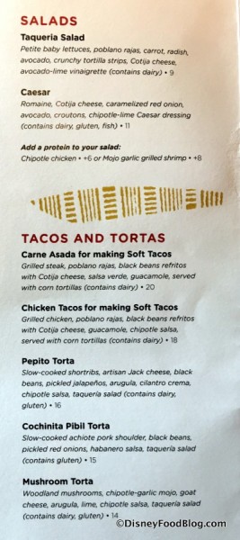 Salads and Tacos and Tortas menu
