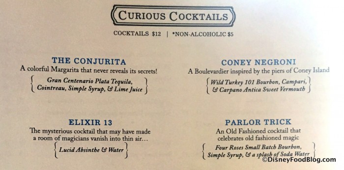 Curious Cocktails Menu closeup