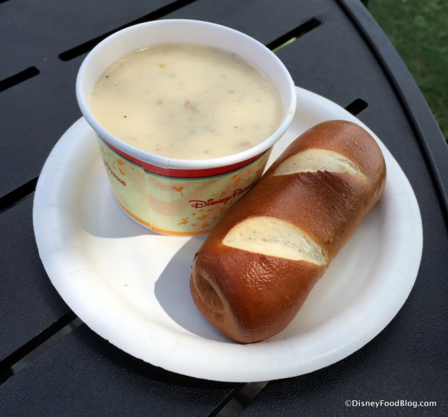 Canadian Cheddar Cheese Soup with Pretzel Roll