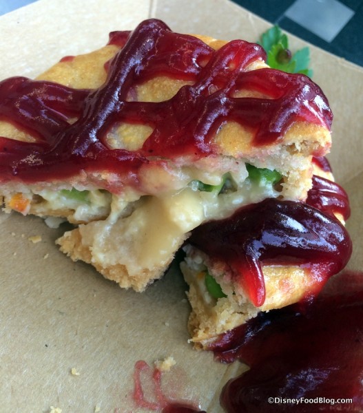 Mini Turkey Pot Pie with cranberry drizzle cross-section