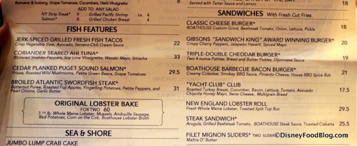 Menu -- Fish Features and Sandwiches -- Click to Enlarge