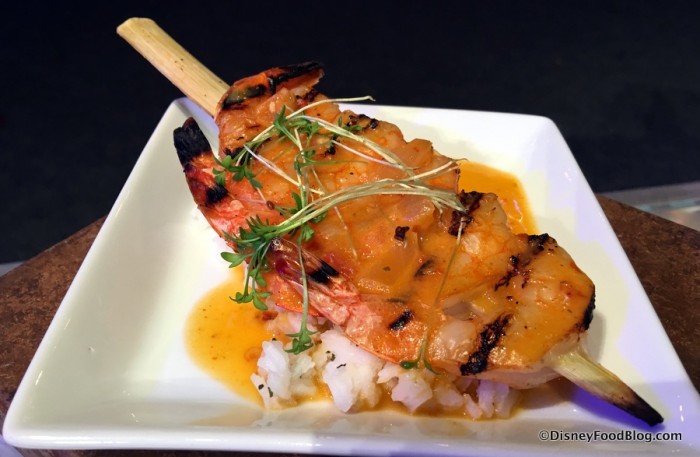 Sugar Cane Shrimp Skewer with Steamed Rice and Coconut Lime Sauce