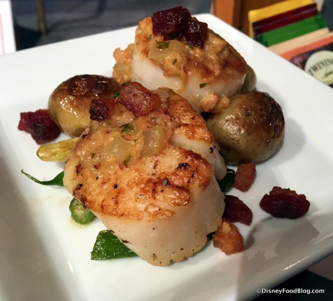Seared Scallops with French Green Beans, Butter Potatoes, Brown Butter Vinaigrette and Apple wood Smoked Bacon