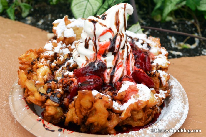 Funnel Cake with Vanilla Soft Serve, Strawberry Sauce, and Chocolate Drizzle -- A Closer Look