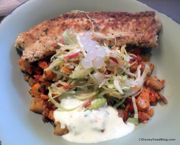 Sustainable Fish option with a base of Red and Sweet Potato Hash served with Creamy Herb Dressing