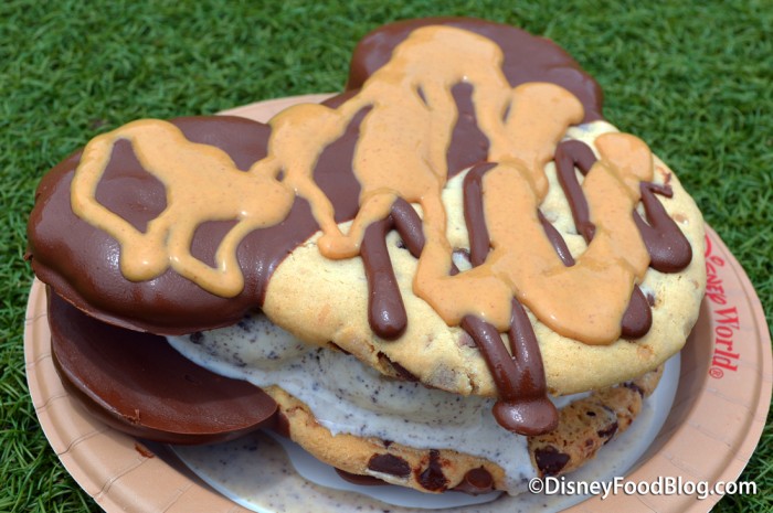Mickey Cookie Ice Cream Sandwich with Peanut Butter Sauce is a must-have snack!