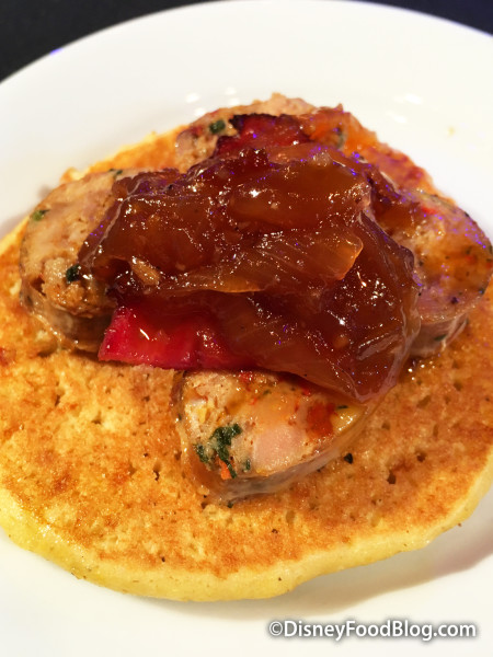 Sweet Pancake with Spicy Chipotle Chicken Sausage, Onion Jam and Maple Butter Syrup