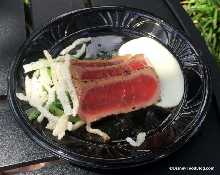 Grilled Tuna Tataki with Seaweed Salad and Pickled Cucumbers and Wasabi Cream