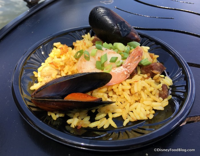 Traditional Spanish Paella with Shrimp, Mussels, Chicken and Crispy Chorizo